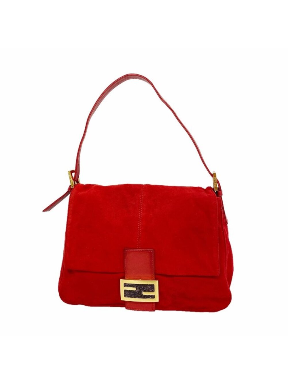 Fendi Handbag Mamma Bucket Suede Red Gold